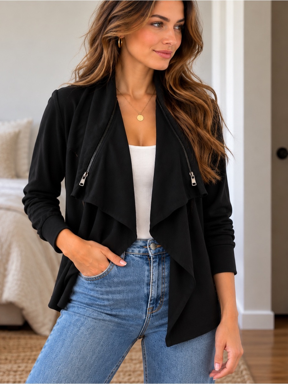 AllSaints Black Draped Zip Moto Cardigan Jacket Size Medium